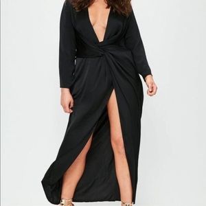 Black Satin Thigh Split Wrap Maxi Dress